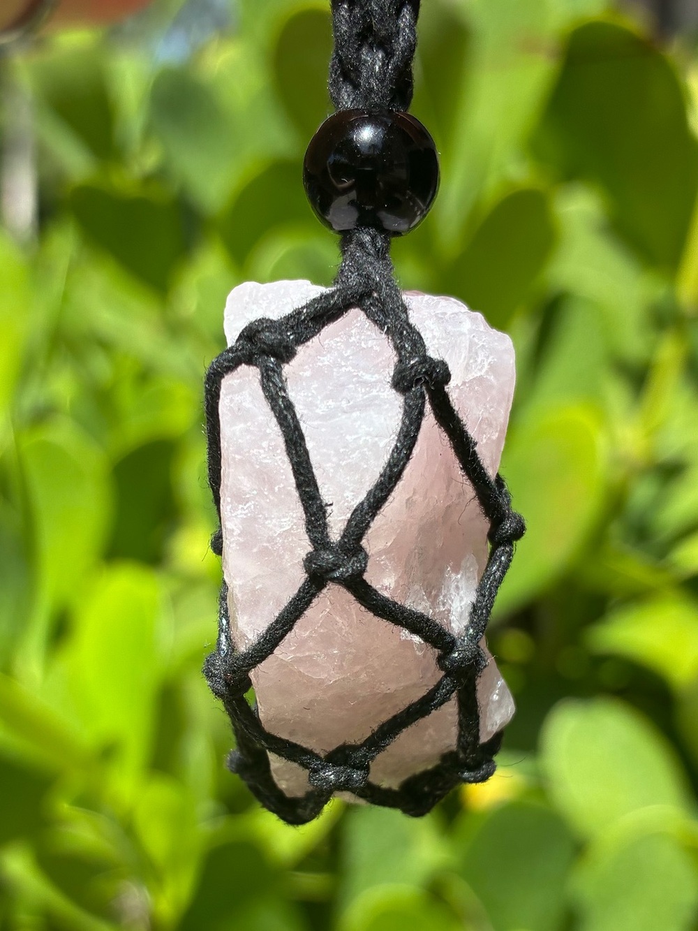 Raw Rose Quartz Macrame Crystal Necklace | Handcrafted Healing Stone Pendant - Picture 2 of 10